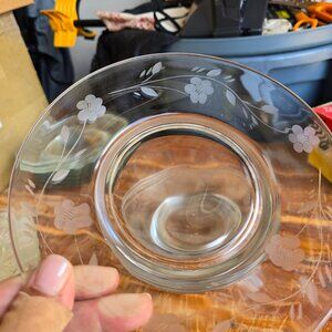 6 Cut Etched Flowers Twigs Berries Leaves Clear Glass Plate Vintage GUC Anchor?